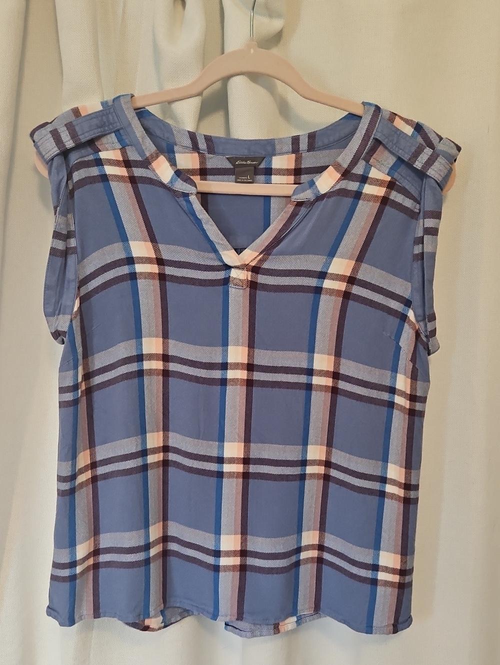 Eddie Bauer Blue Plaid Cap-Sleeve V-Neck Blouse